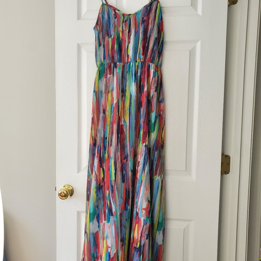 Jack, Size 4, Watercolor adjustable spaghetti strap, elastic waist maxi dress